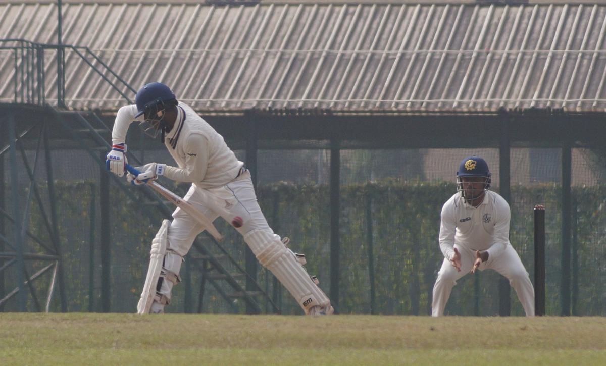 B. Sachin gets beaten on the outside edge during the Ranji Trophy match between Tripura and Tamil Nadu in Agartala on Saturday.
