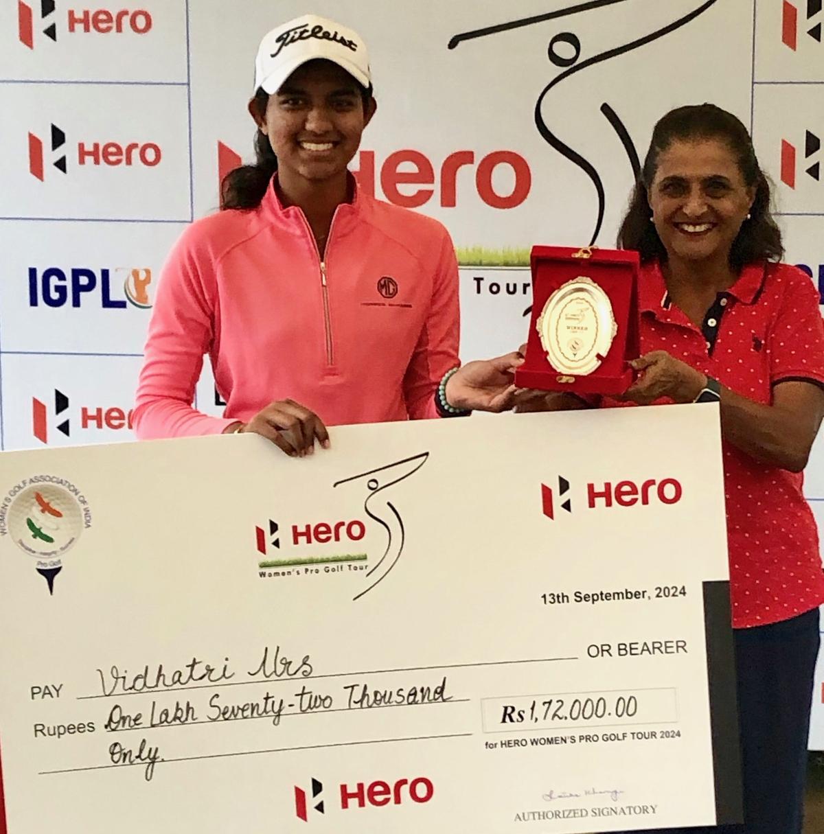 Champion Vidhatri Urs in the 11th leg of the Hero Women’s Pro Golf Tour at the Delhi Golf Club on Friday.