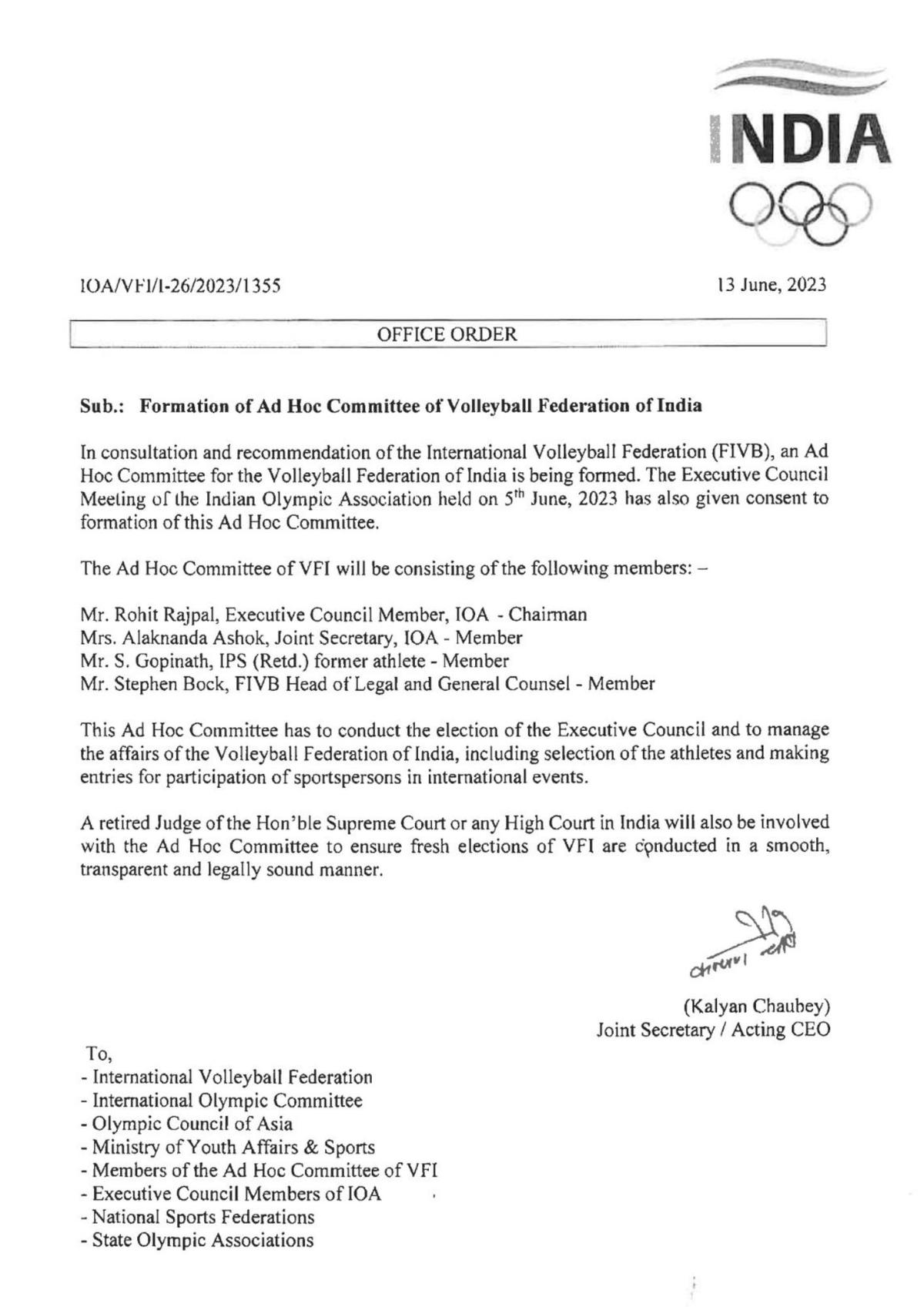 The IOA circular about the ad-hoc committee to look after the affairs of the Volleyball Federation of India.