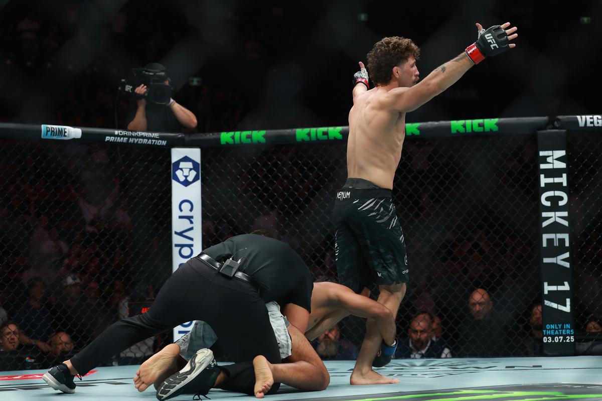 Australia's Quillan Sakllid celebrates his victory over India's Anshul Jubli in a lightweight match at UFC 312 at Quados Bank Arena in Sydney, Australia on February 9, 2025. 