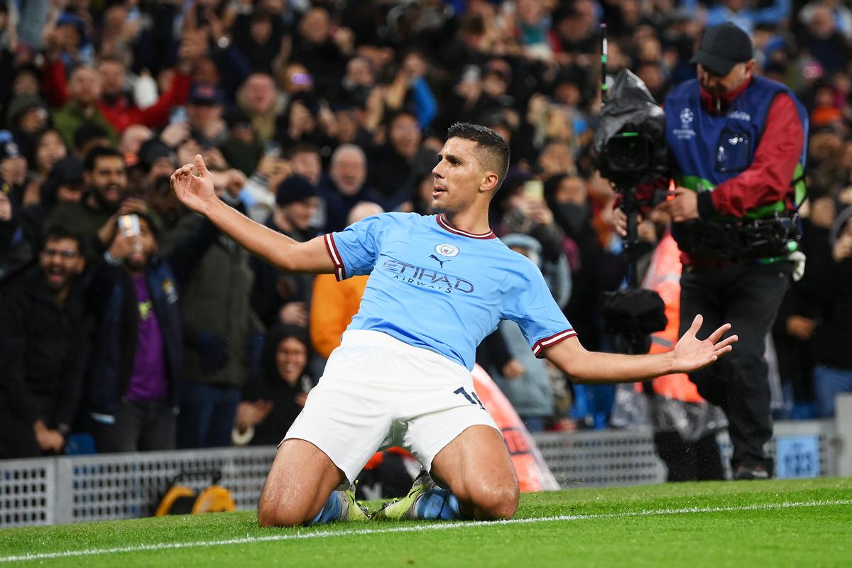 Rodri of Manchester City celebrates after scoring the team’s first goal during the UEFA Champions League quarterfinal first leg match between Manchester City and FC Bayern München at Etihad Stadium on April 11, 2023 in Manchester, England.