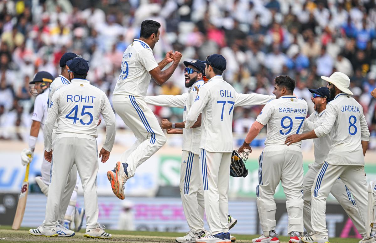 India’s Ravichandran Ashwin with teammates celebrates the wicket of England’s Joe Root. 