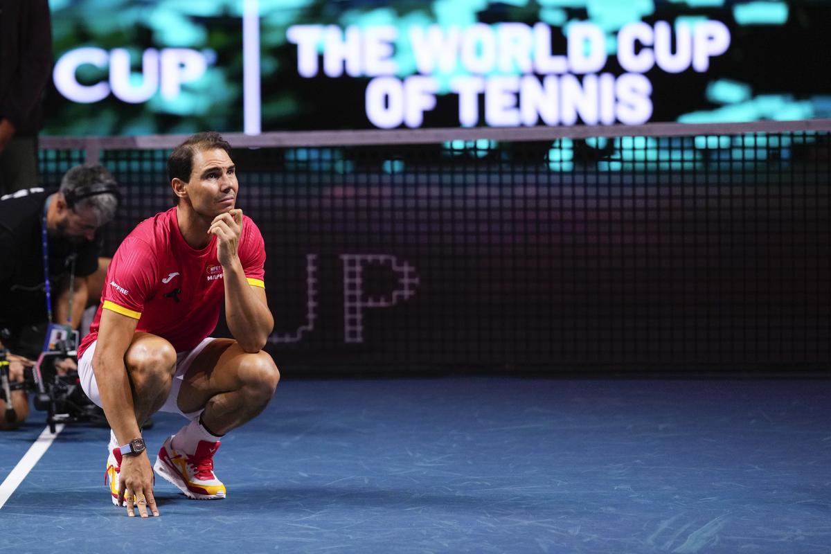 Spain’s Rafael Nadal during a tribute after playing his last match as a professional tennis player in the Davis Cup quarterfinals in Malaga on Nov. 20, 2024. 