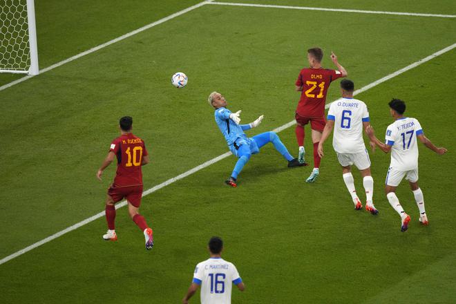 Spain’s Dani Olmo, third right, scores his side’s first goal during the World Cup group E  match between Spain and Costa Rica, at the Al Thumama Stadium in Doha, Qatar.