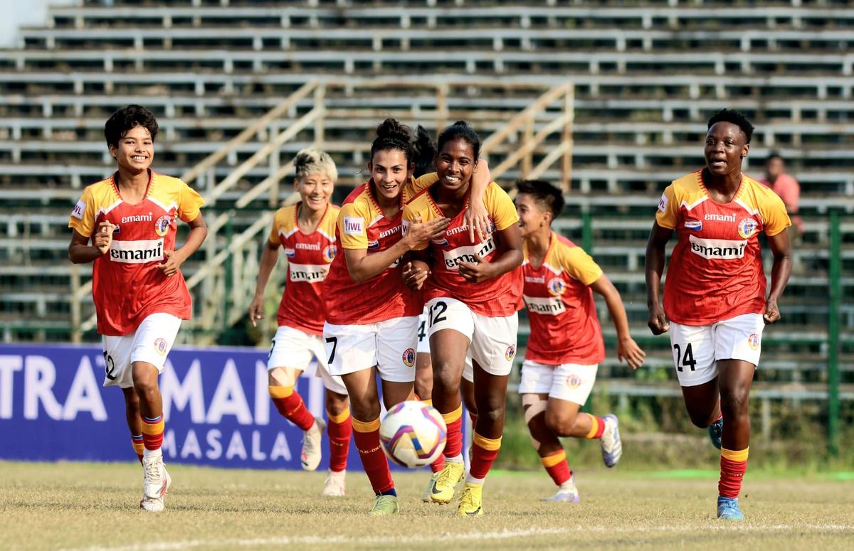 East Bengal players celebrating after scoring against Kickstart FC in IWL 2024-25. 