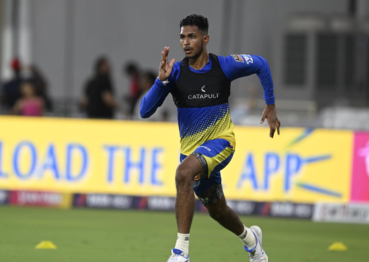 Chennai Super Kings Player  Matheesha Pathirana   during  the practice session ahead match against Kolkata Knight Riders at Chepauk Stadium in Chennai on Sunday.