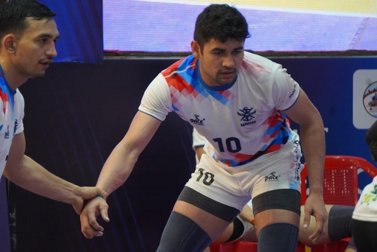 Services’ Naveen Kumar in action during the 71st Senior National Kabaddi Championships in Cuttack. 