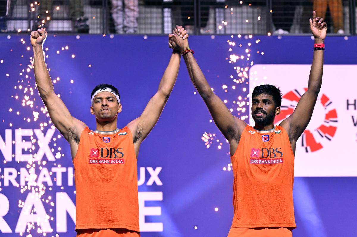 Chirag Shetty and Satwiksairaj Rankireddy of India celebrate after winning the men’s double final match against Lee Jhe-Huei and Yang Po-Hsuan at the French Open 2024.