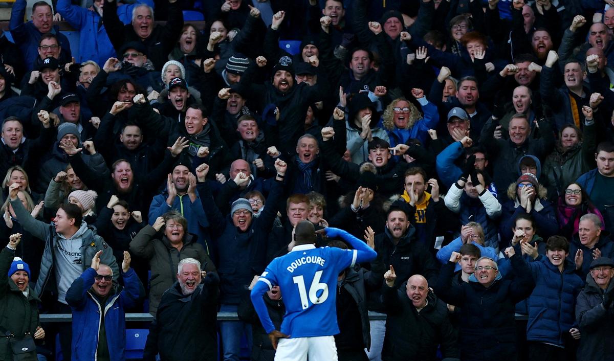 Everton’s Abdoulaye Doucoure celebrates scoring their first goal.