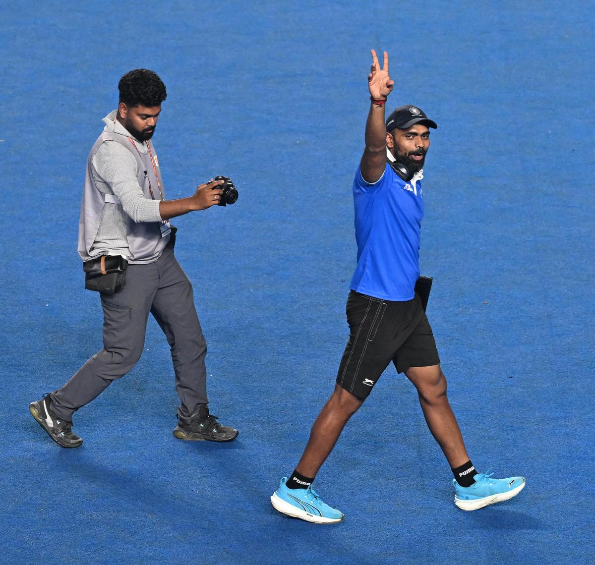 A jubilant P. R. Sreejesh celebrates after India’s win in the bronze medal match.
