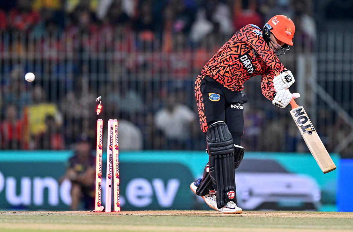 Sunrisers Hyderabad’s Abhishek Sharma is bowled by Kolkata Knight Riders’ Mitchell Starc.