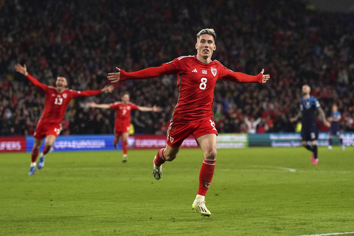 Wales’ Harry Wilson celebrates scoring the team’s first goal of the game, during the Euro 2024 Qualifying Group D match between Wales and Croatia at the Cardiff City Stadium in Wales.