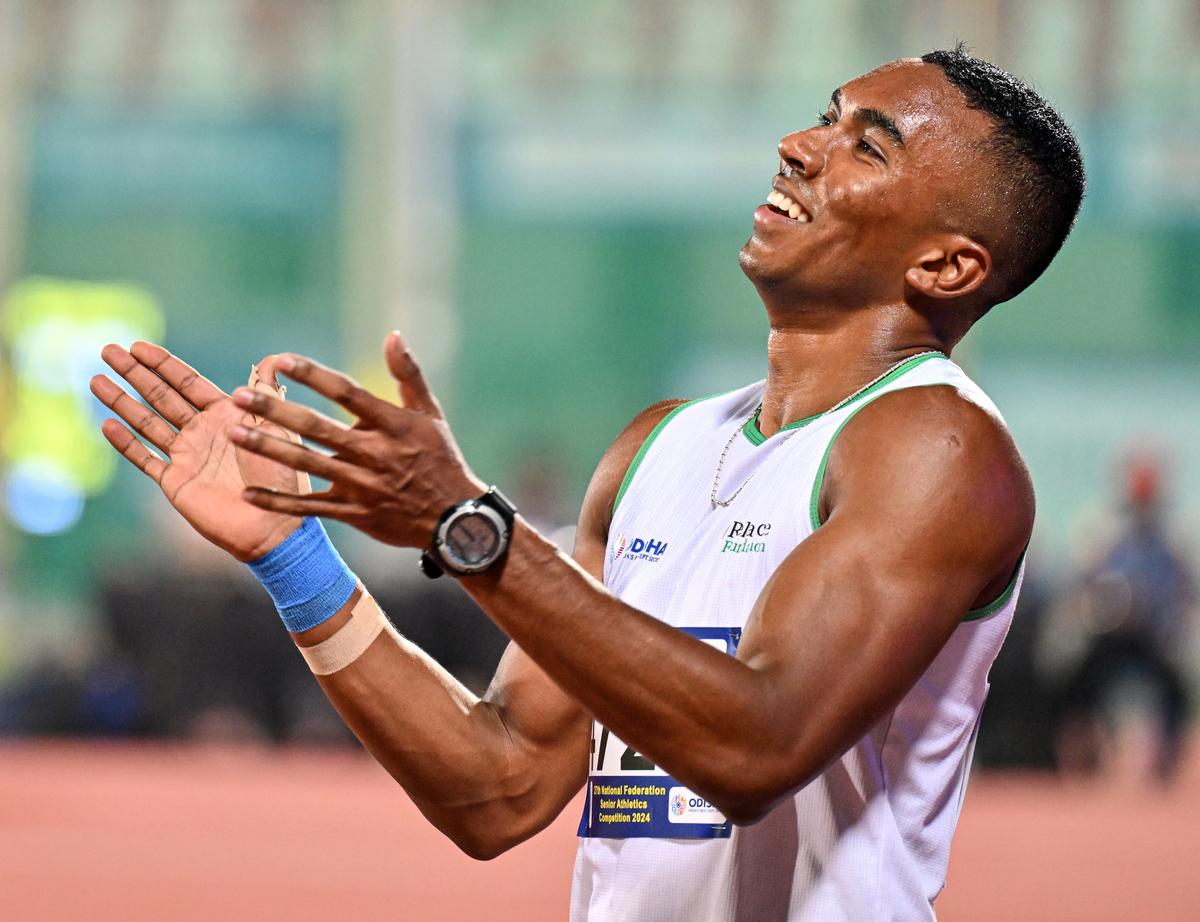 Animesh Kujur of Odisha after winning the men’s 200m final.