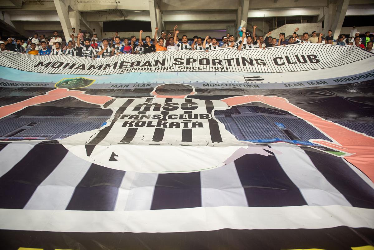 Mohammedan Sporting fans unfurl a TIFO before their Indian Super League match against Mohun Bagan in the Indian Super League.