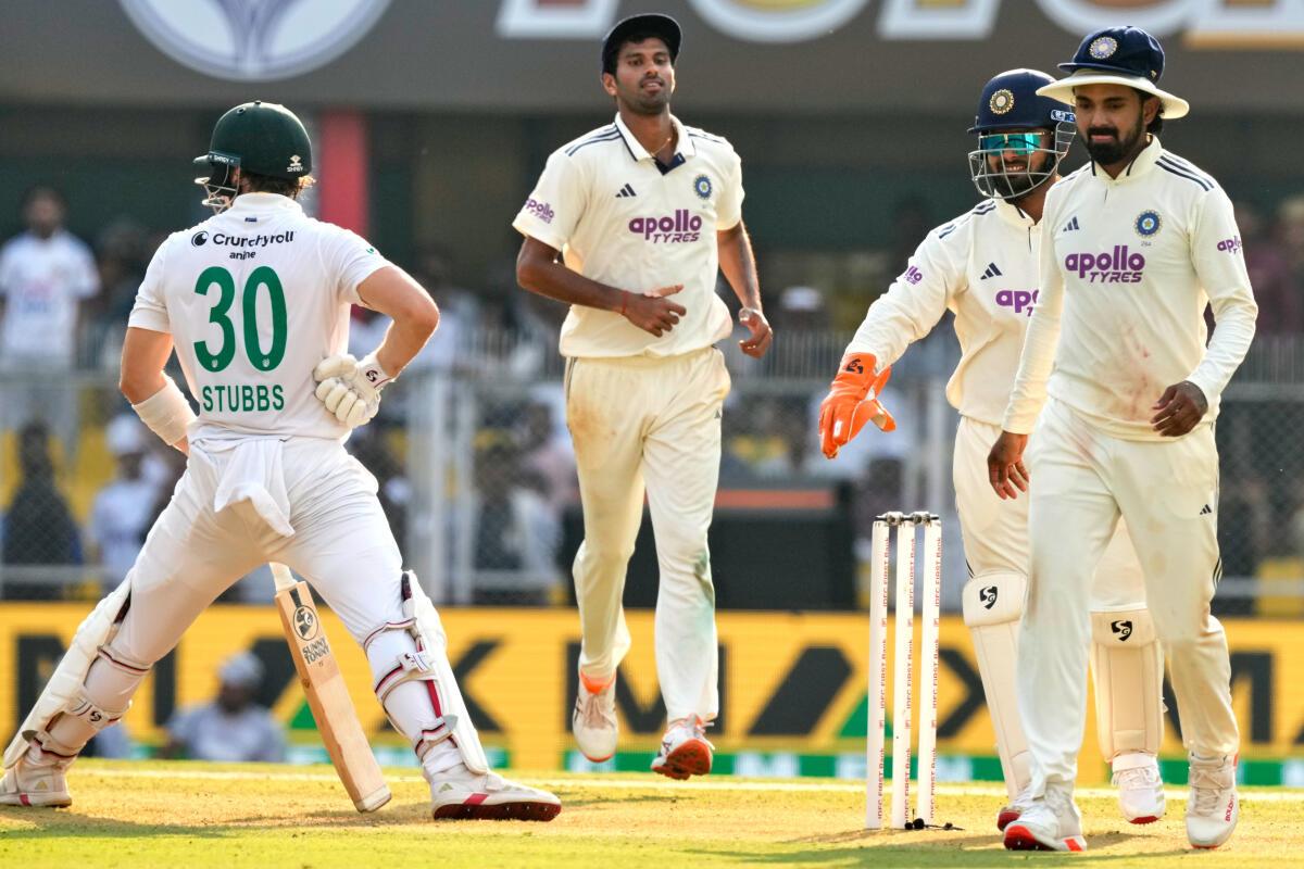 India’s players celebrate after the dismissal of South Africa’s Tristan Stubbs. 