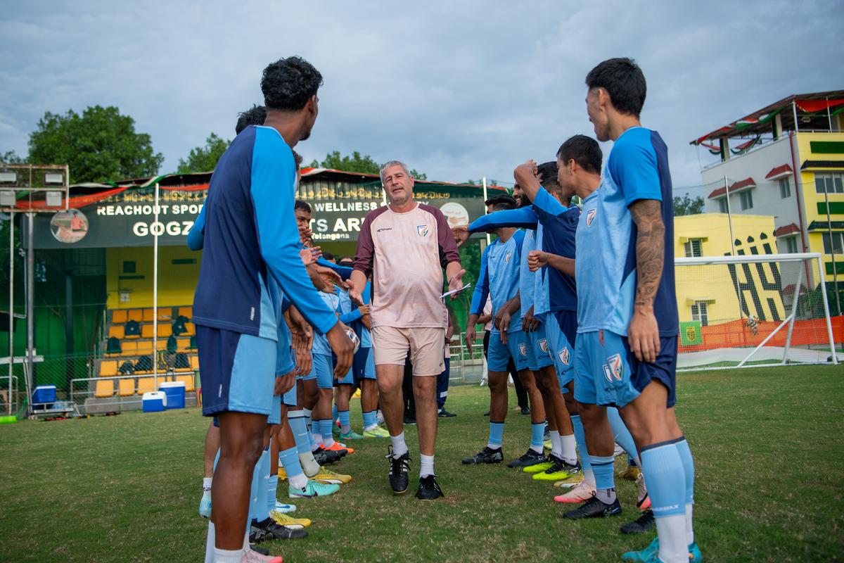 The Indian men’s football team during training before their Intercontinental Cup clash against Syria in Hyderabad.
