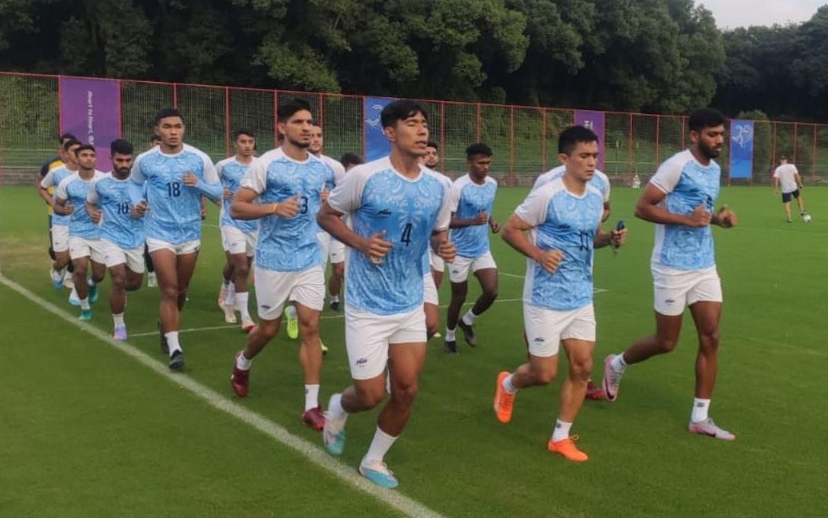 The Indian team warming up for the match against Saudi Arabia in pre-quarterfinals of the 19th Asian Games in Hangzhou. 