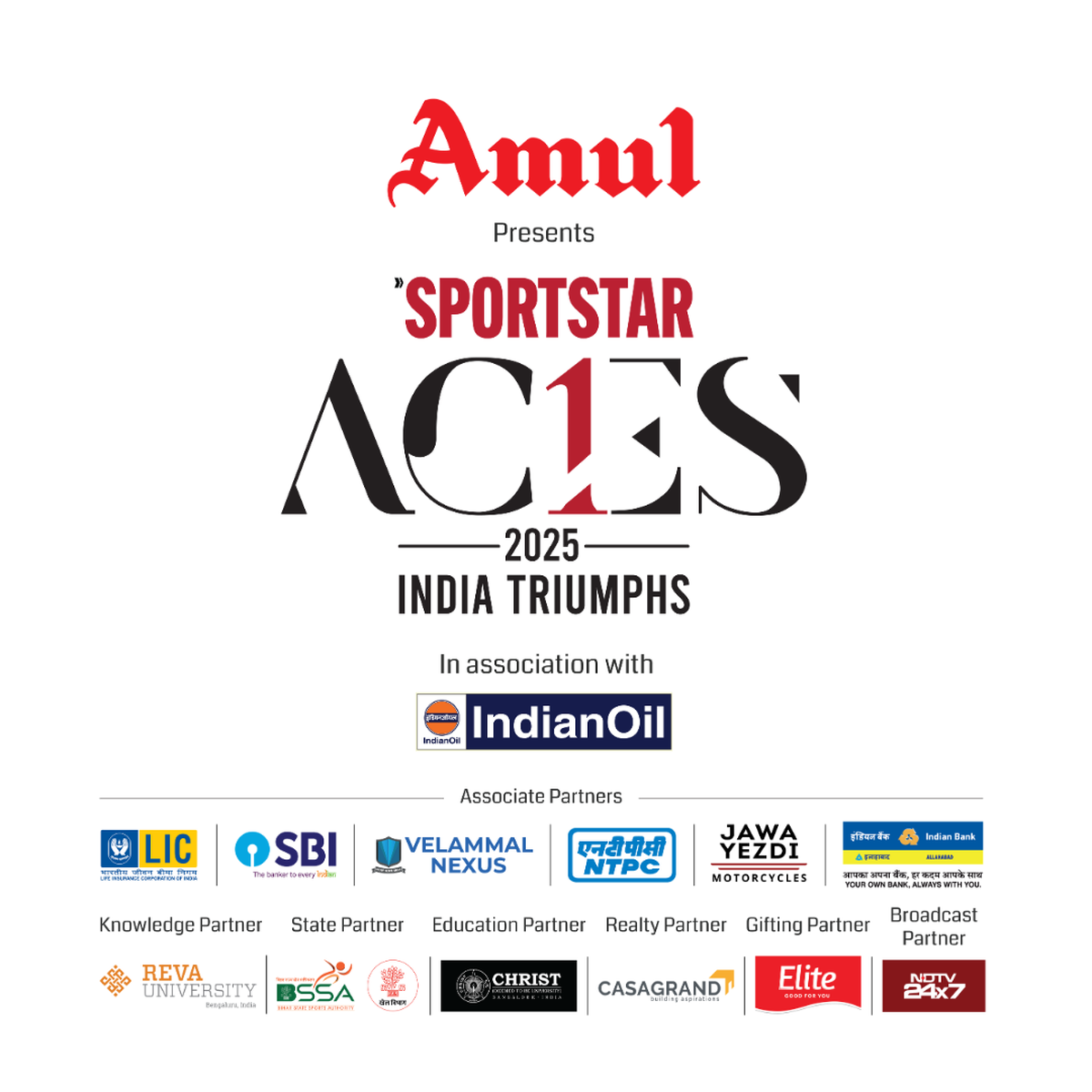 The Awards are brought to you by Amul, IndianOil, Christ University, Casagrand, LIC, SBI, Velammal Nexus, NTPC, Jawa Motorcycles, Reva University, Bihar Education, Elite, Indian Bank, and NDTV 24x7.