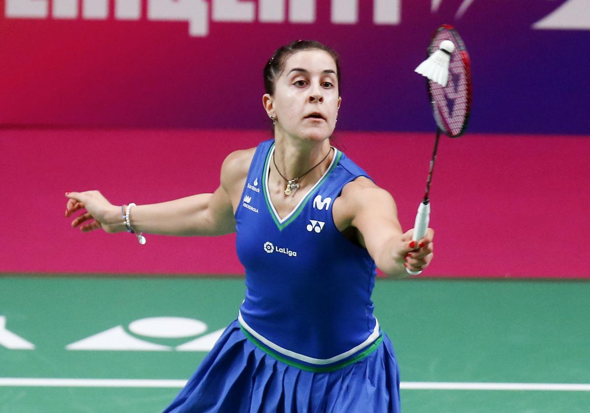 FILE PHOTO: Carolina Marin of Spain competes against Line Christophersen of Denmark during the single women’s final match at the European Badminton Championships in Kyiv.