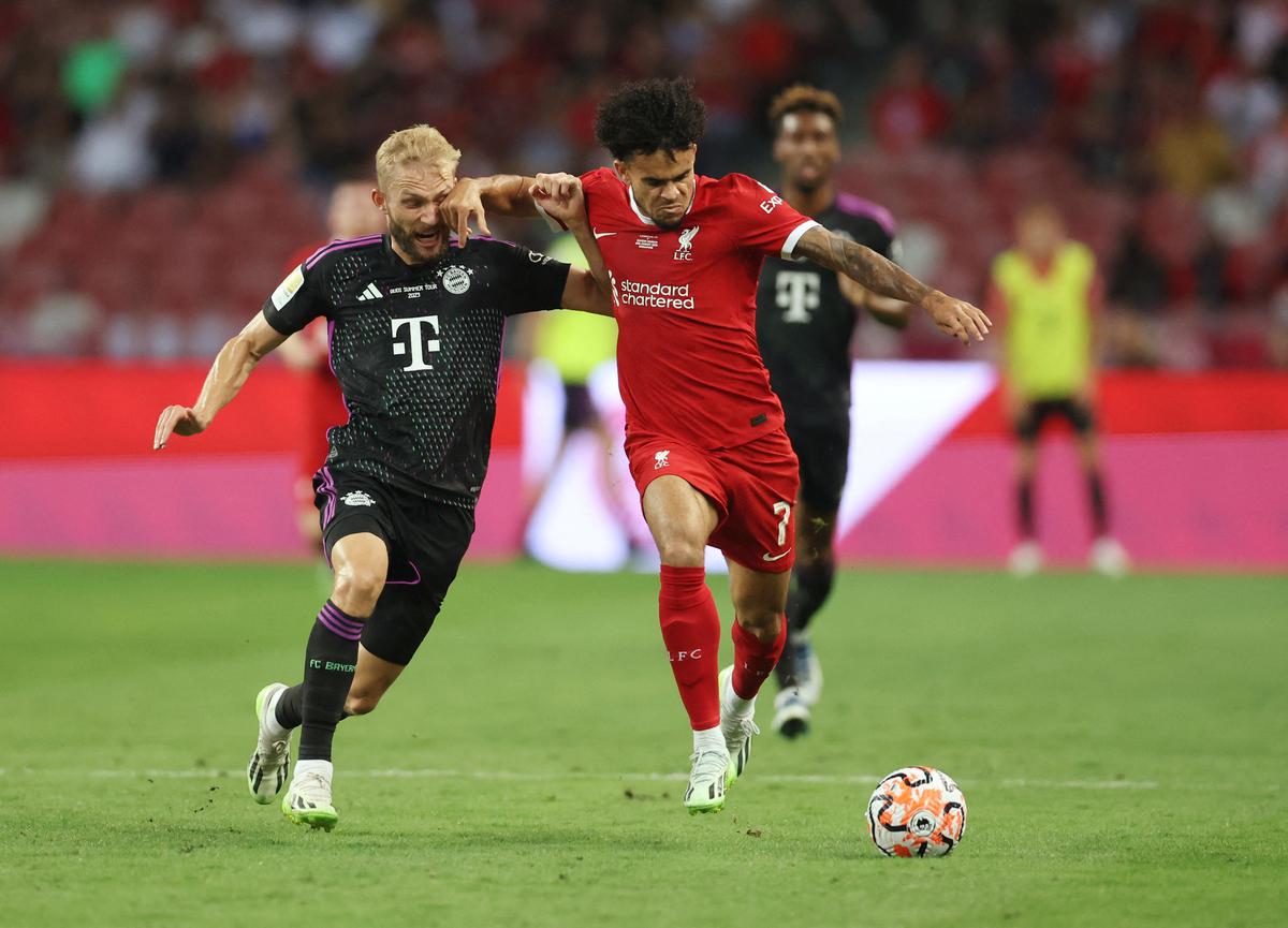 Bayern Munich’s Konrad Laimer in action with Liverpool’s Luis Diaz during a pre-season friendly between Liverpool and Bayern Munich.