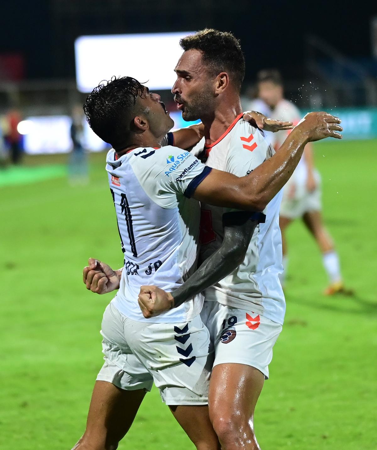 Pedro Manzi celebrates scoring a brace for Malappuram FC against Thrissur Magic in Super League Kerala.