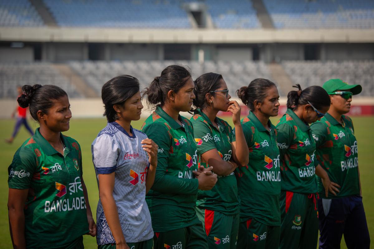 FILE PHOTO: Bangladesh’s players react after game three of the Women’s T20 International series between Bangladesh and Australia.