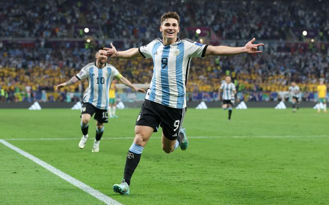 Julian Alvarez of Argentina celebrates after scoring the team’s second goal during the FIFA World Cup Qatar 2022 Round of 16 match between Argentina and Australia at Ahmad Bin Ali Stadium on December 03, 2022, in Doha, Qatar.
