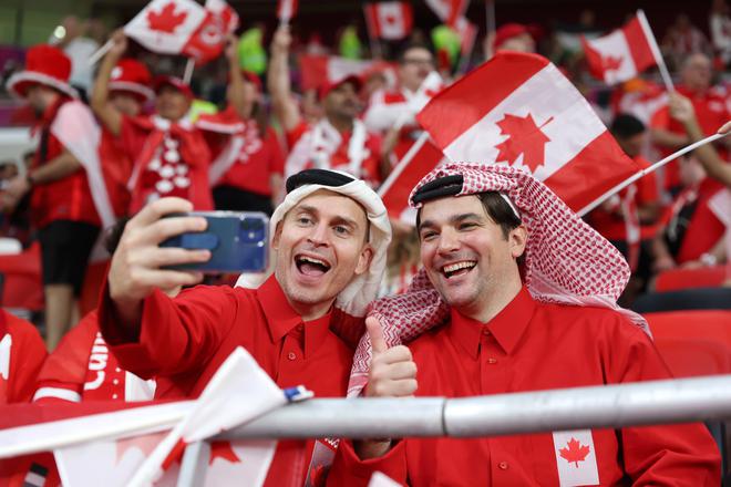 Canada fans enjoy the pre match atmosphere prior to the FIFA World Cup Qatar 2022 Group F match against Belgium.