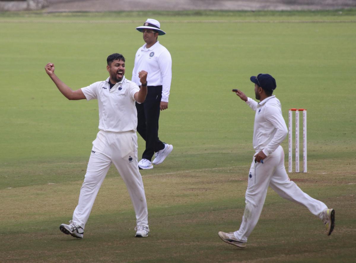 FILE PHOTO: Madhya Pradesh bowler Avesh Khan celebrates. 