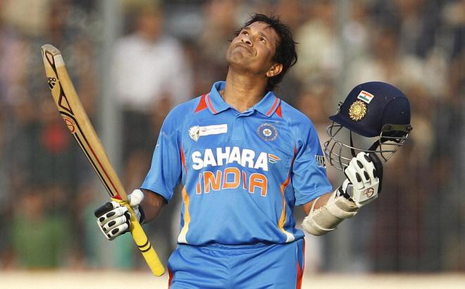 Sachin Tendulkar celebrates his 100th century of international competition during the Asian Cup match against Bangladesh in Dhaka on 16 March 2012. 