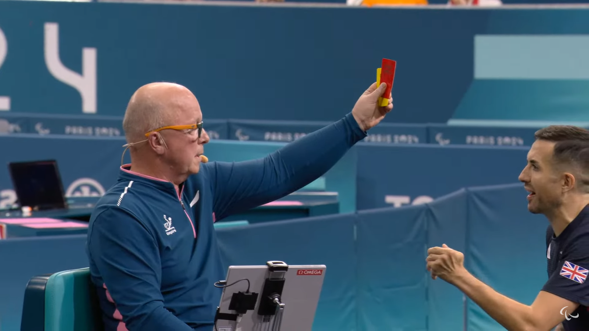 Great Britain’s Will Bayley receives a red card, leading to a point penalty, in the men’s singles S7 final against China’s Yan Shuo at Paris Paralympics.
