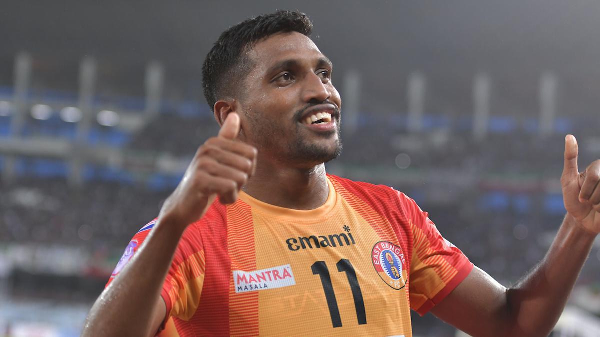 Nandhakumar Sekar celebrates after scoring the winner in the match between East Bengal and Mohun Bagan in the 2023 Durand Cup.