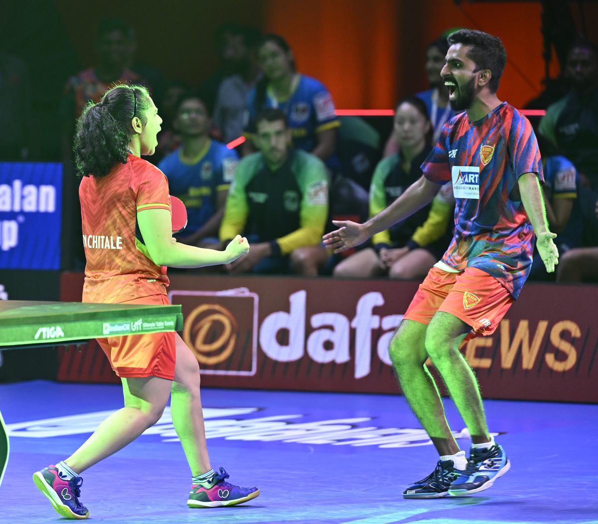 Diya Chitale and Sathiyan Gnanasekaran celebrate after beating the PBG Bengaluru Smashers in UTT Table Tennis League 2024 in Chennai.