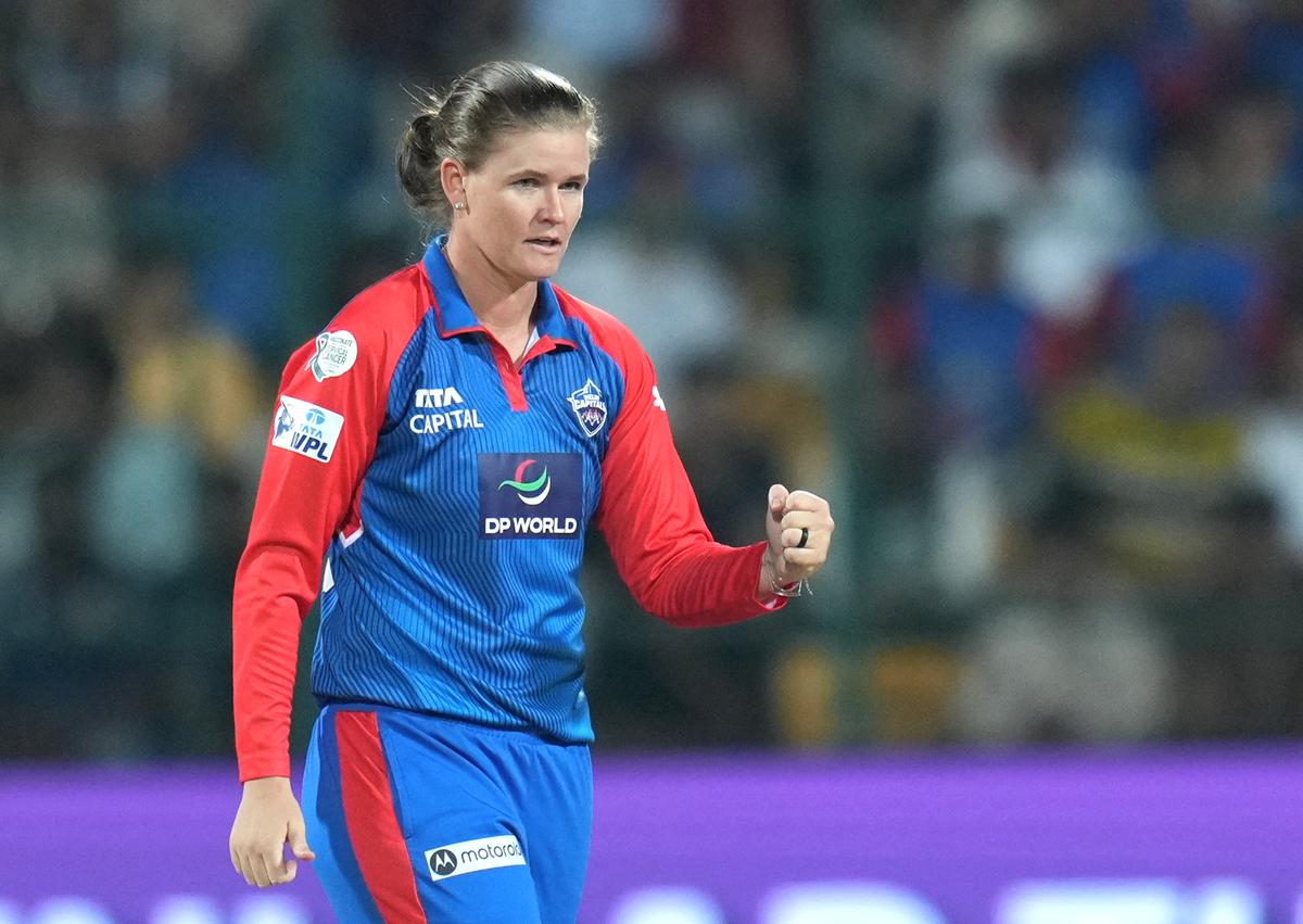 FILE PHOTO: Jess Jonassen celebrates a wicket against Mumbai Indians in WPL 2025. 