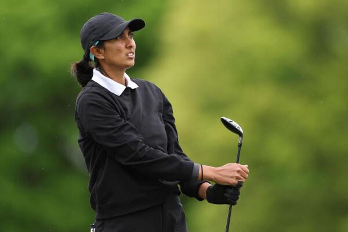 Aditi Ashok of India plays her shot from the eighth tee during the first round of the Cognizant Founders Cup at Upper Montclair Country Club