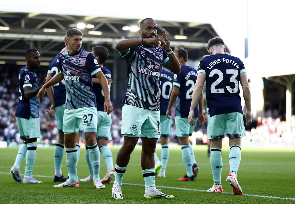 Brentford’s Bryan Mbeumo celebrates scoring their third goal. 