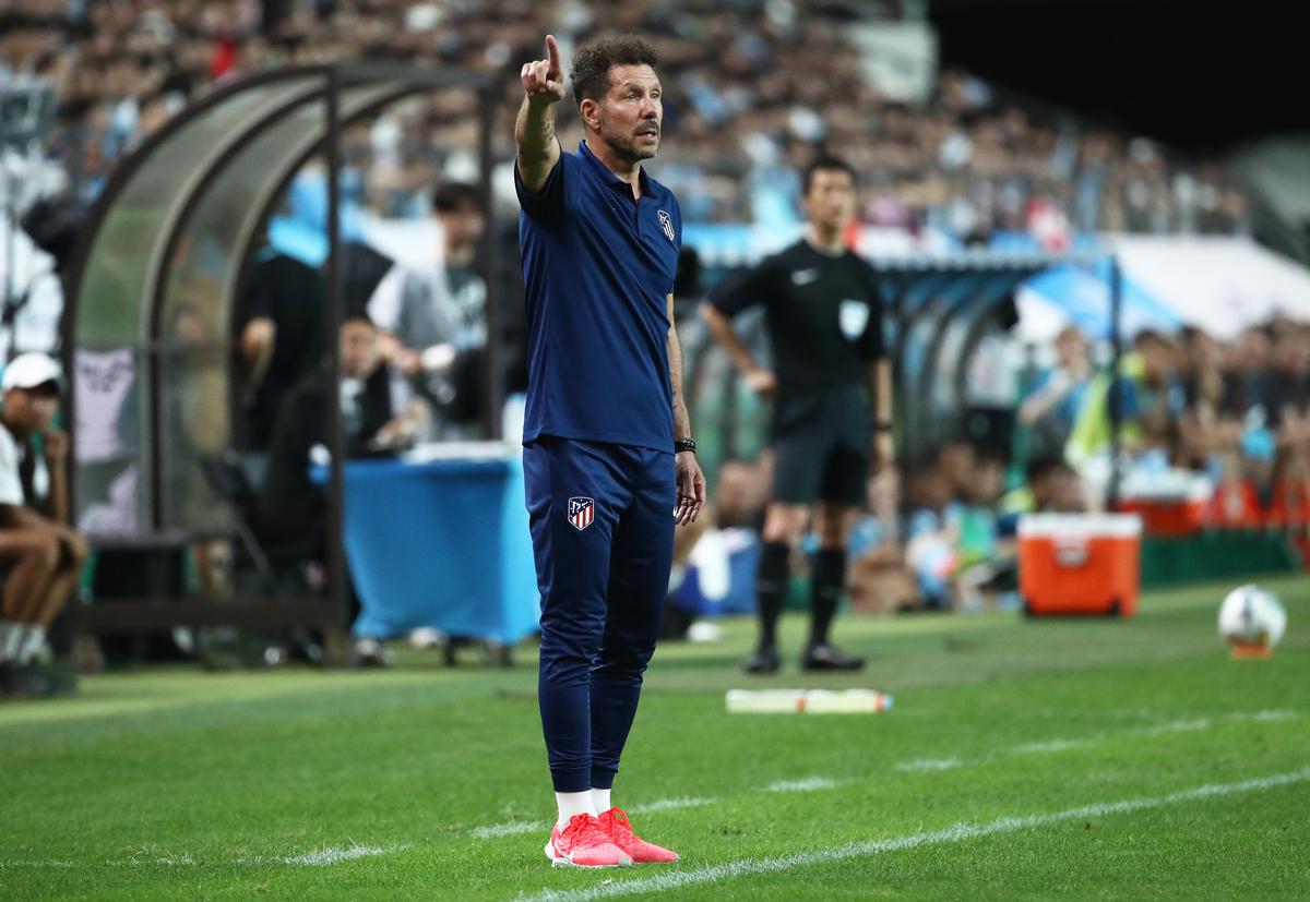 Diego Simeone, Head Coach of Atletico Madrid, gestures during the preseason friendly match between Atletico Madrid and Manchester City at Seoul World Cup Stadium on July 30.