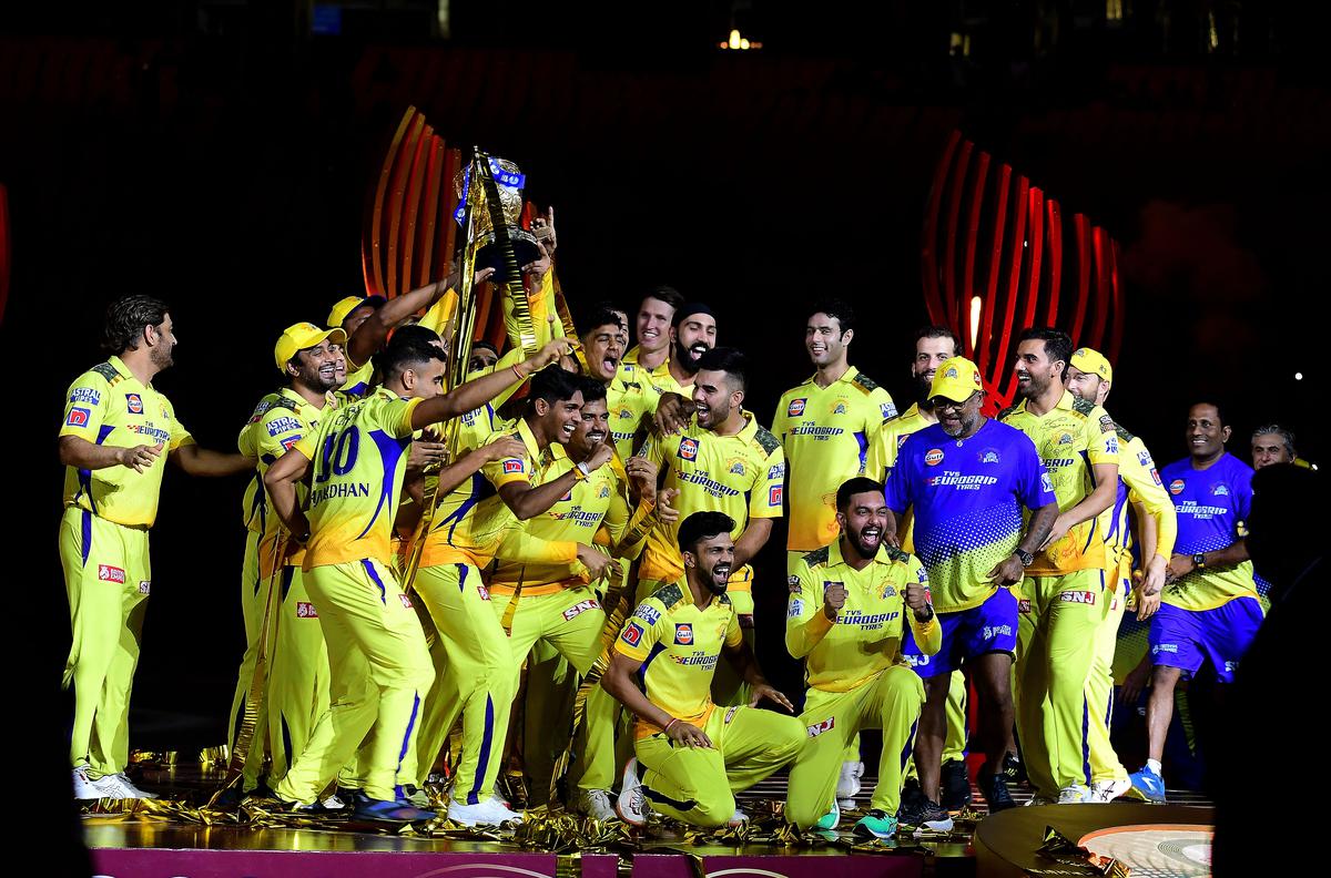 Chennai Super Kings team celebrates after winning the IPL 2023.