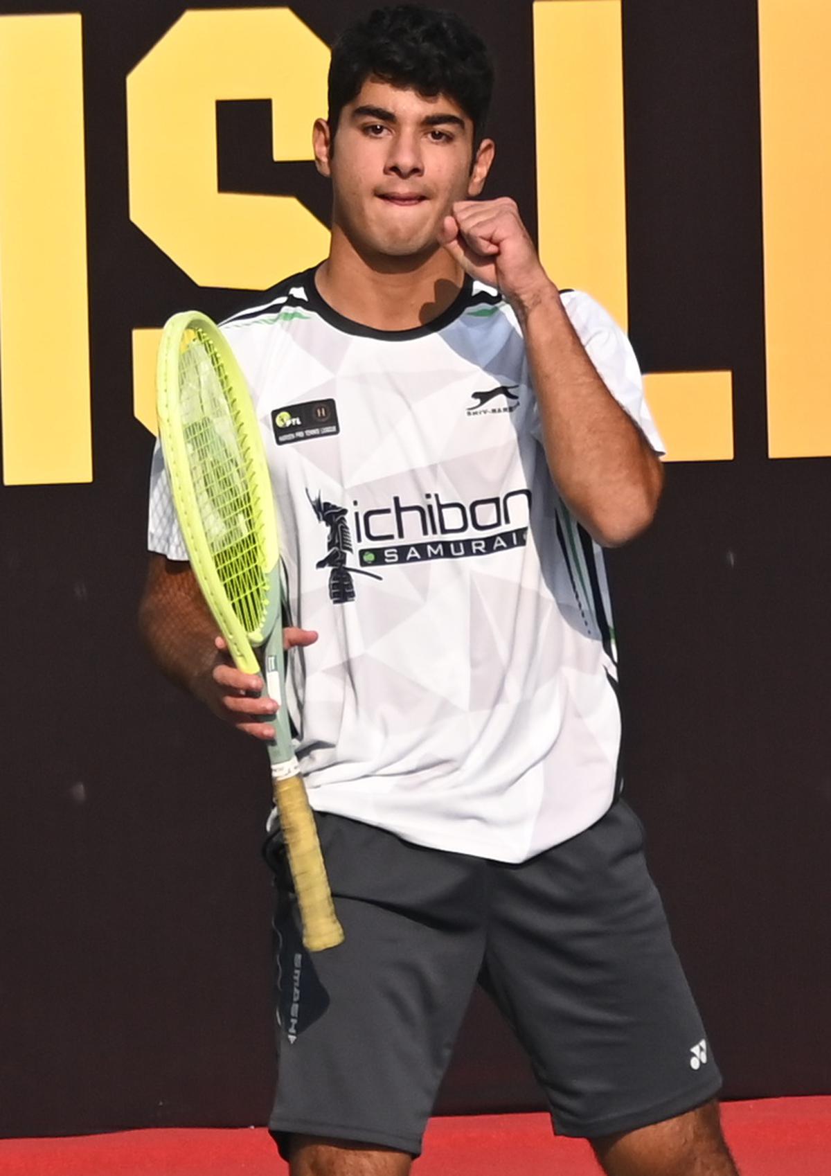 Rushil Khosla celebrates a point during Ichiban Samurai’s victory in the Pro Tennis League in Delhi on Friday. 