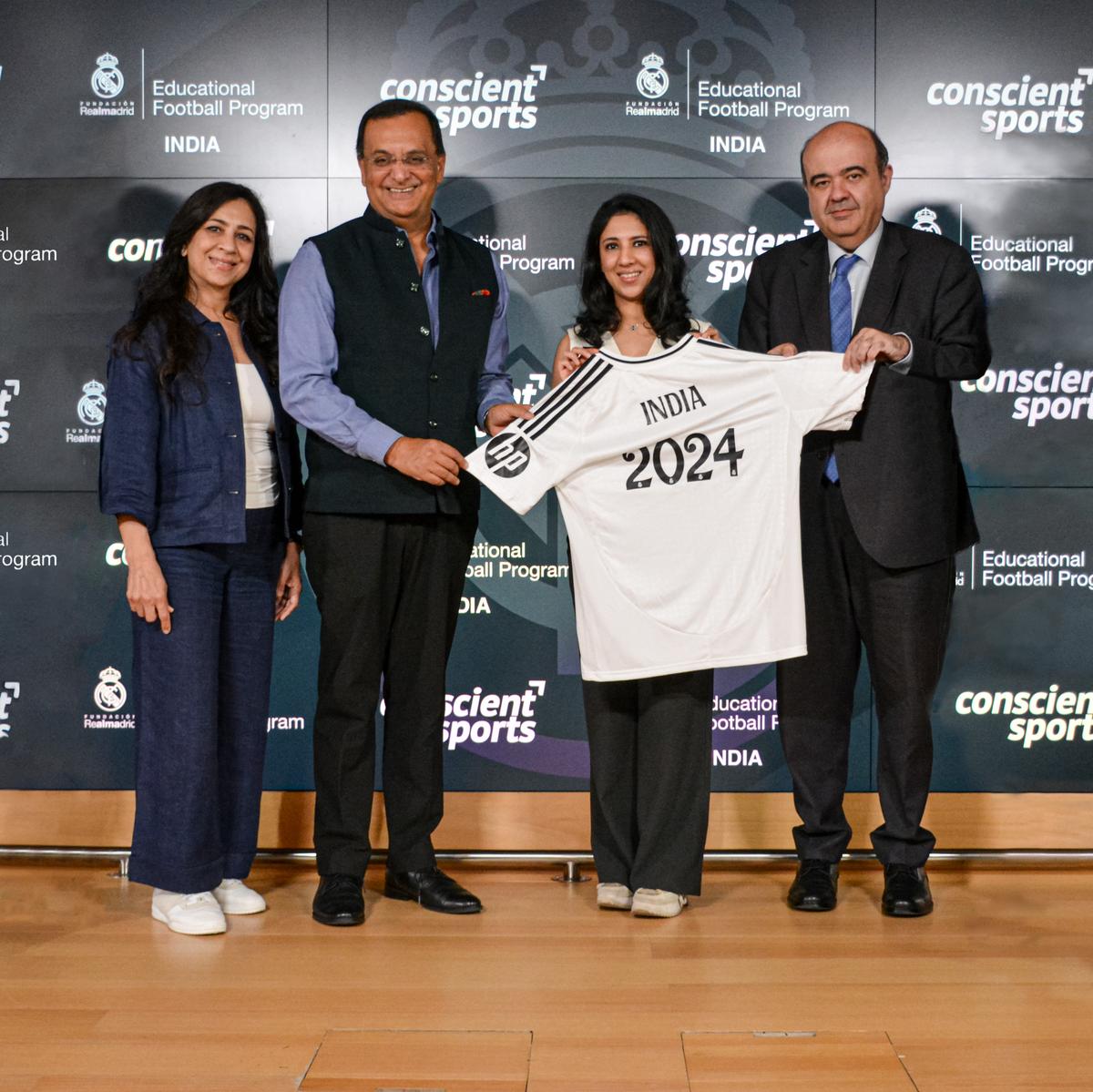 From left to right: Anupama Jain, Director – Conscient Sports, Dinesh Patnaik, Ambassador of India to Spain, Kriti Jain Gupta, Director – Conscient Sports and Julio González Ronco - Director of Real Madrid Foundation, at the Real Madrid official India jersey launch.