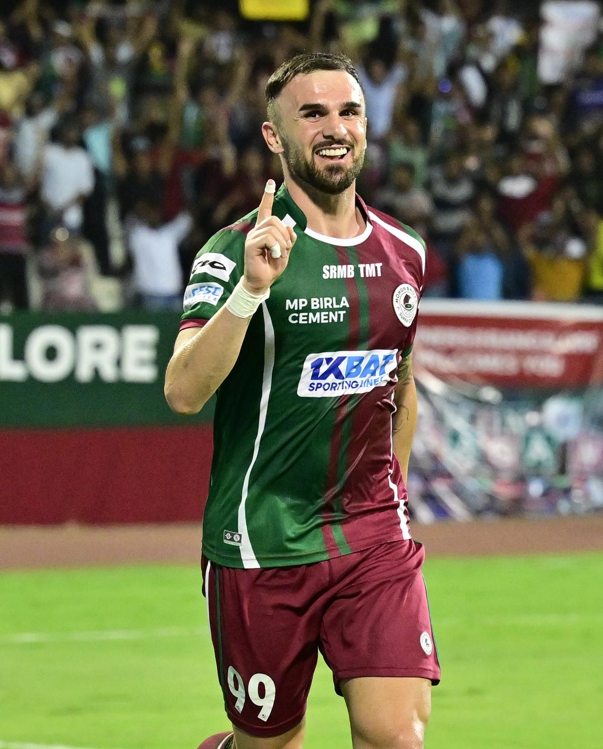 Mohun Bagan’s Armando Sadiku (99) celebrating after scoring a goal during Indian Super League (ISL 2023-24) match against Bengaluru FC vs Mohun Bagan Super Giant.