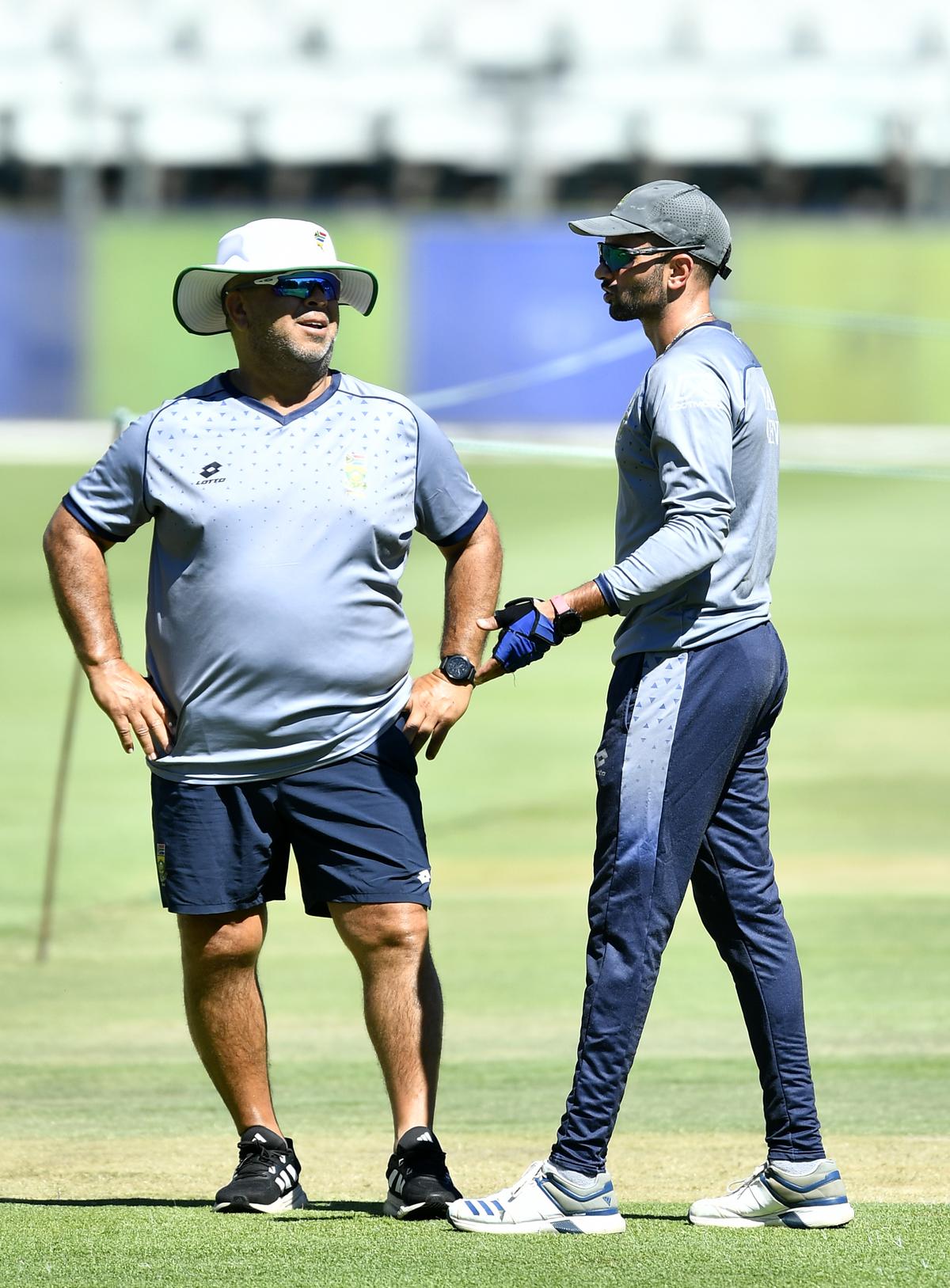  Shukri Conrad and Keshav Maharaj during the South Africa national men’s cricket team training session at Newlands Cricket Stadium on January 02, 2024 in Cape Town, South Africa. 