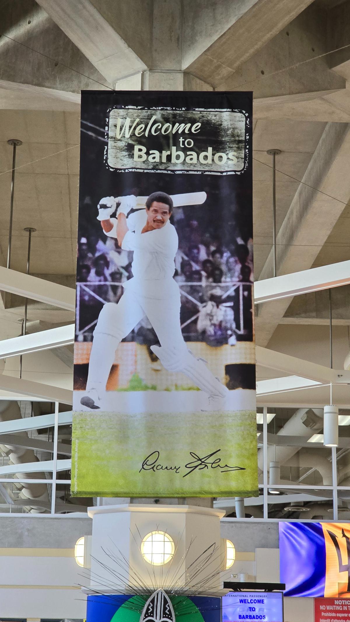 A poster of Sir Garry Sobers at the Grantley Adams International Airport in Barbados. 