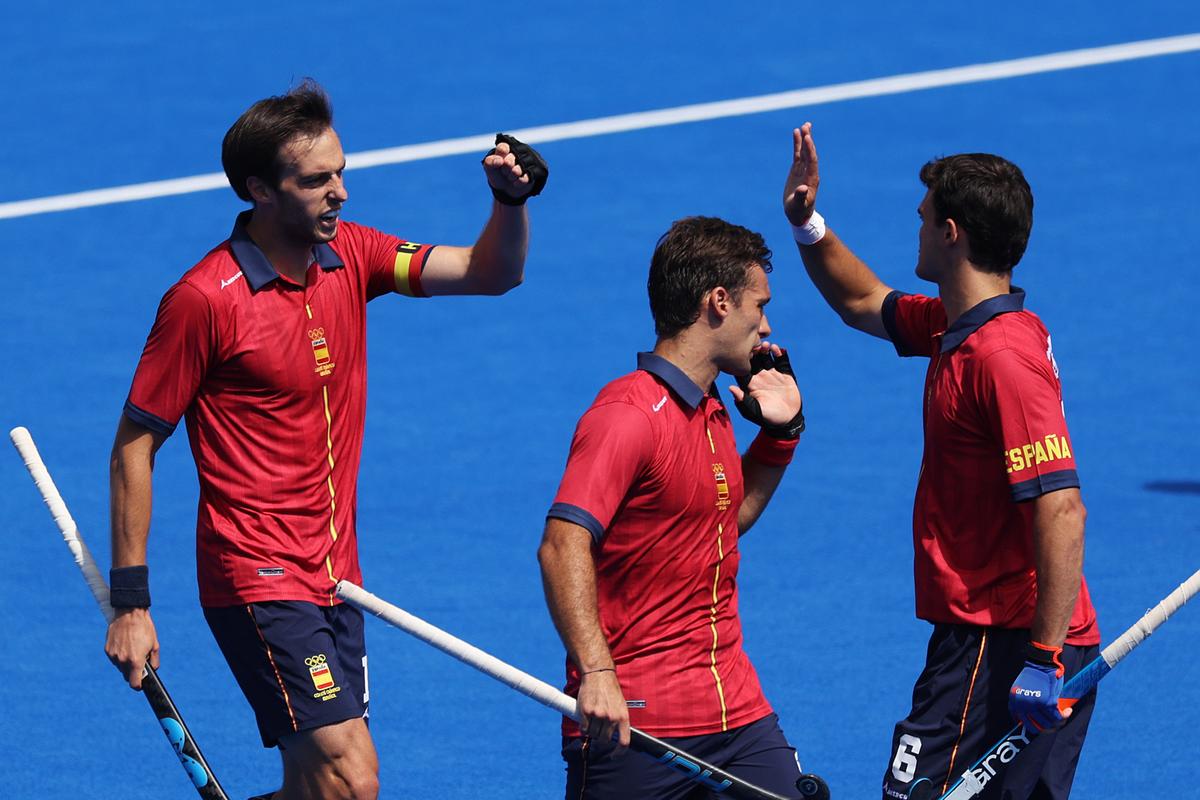 Miralles celebrates scoring Spain’s lone goal during the Men’s Bronze Medal match between India and Spain at the Olympic Games Paris 2024 at Stade Yves Du Manoir.