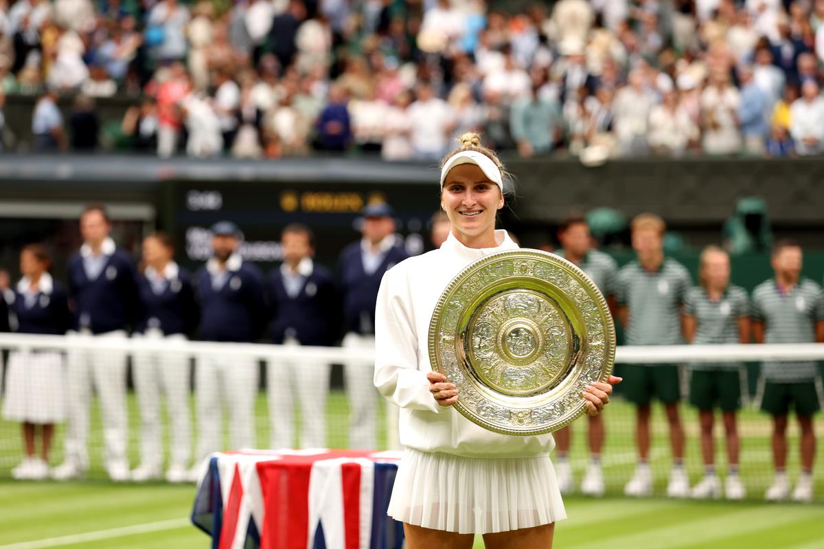 Tasting victory: Czech Marketa Vondrousova beat sixth seed Ons Jabeur to become the first unseeded player to win the Wimbledon women’s singles title. 
