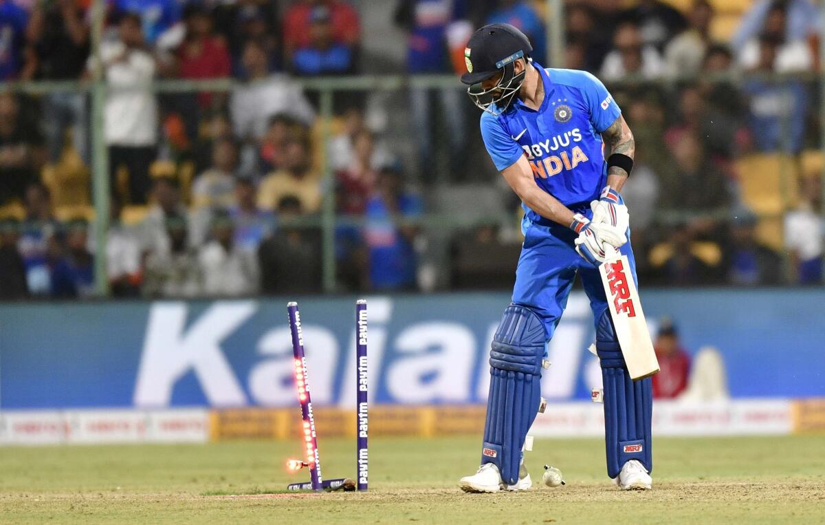 Virat Kohli is clean bowled by Josh Hazlewood during the third ODI against Australia at M. Chinnaswamy Stadium in Bengaluru in 2020.