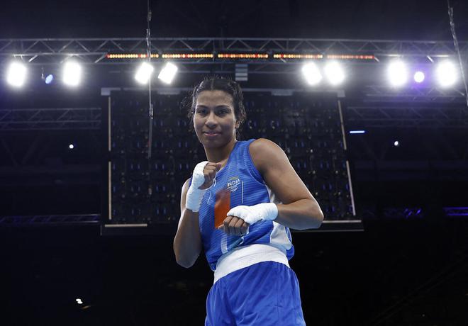 Lovlina Borgohain celebrates after winning her fight against New Zealand’s Ariane Nicholson. 