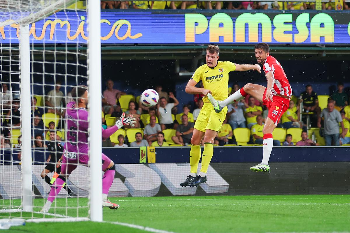 Alexander Sorloth of Villareal FC scores the team’s second goal during the LaLiga EA Sports match between Villarreal CF and UD Almeria at Estadio de la Ceramica on September 17, 2023 in Villarreal, Spain. 