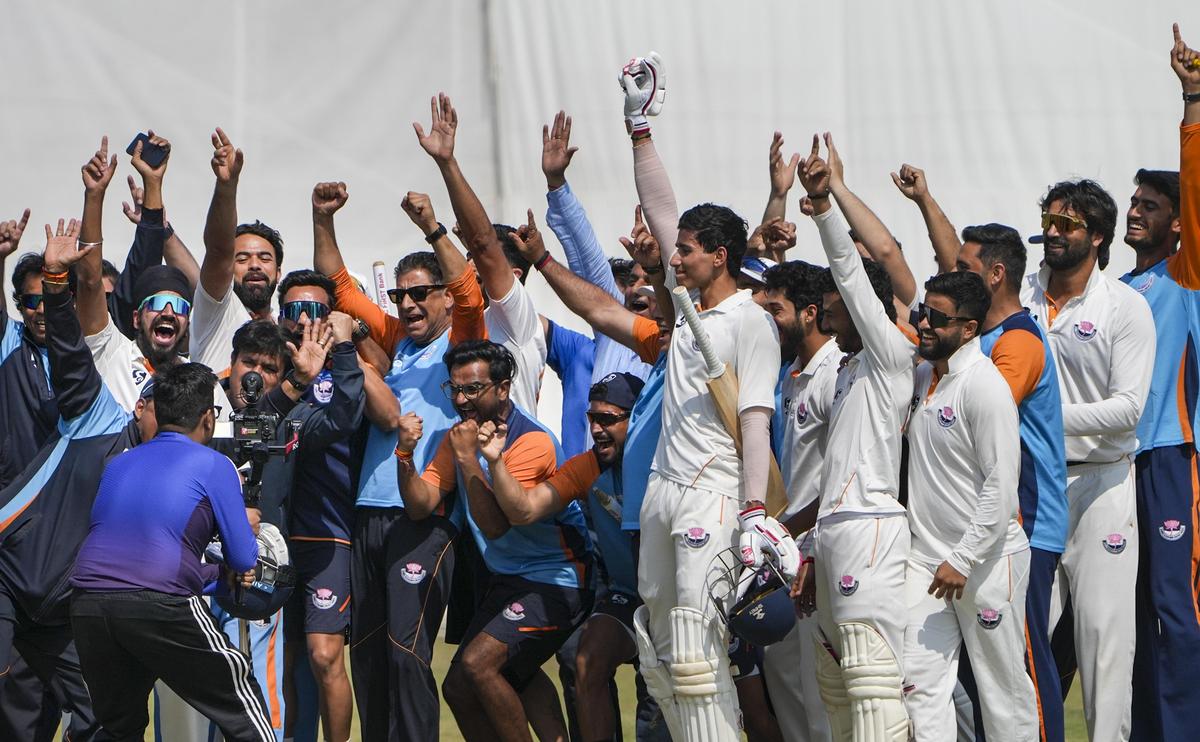 Jammu and Kashmir celebrate qualifying for the Ranji Trophy final by beating Bengal. Jammu and Kashmir celebrate qualifying for the Ranji Trophy final by beating Bengal.