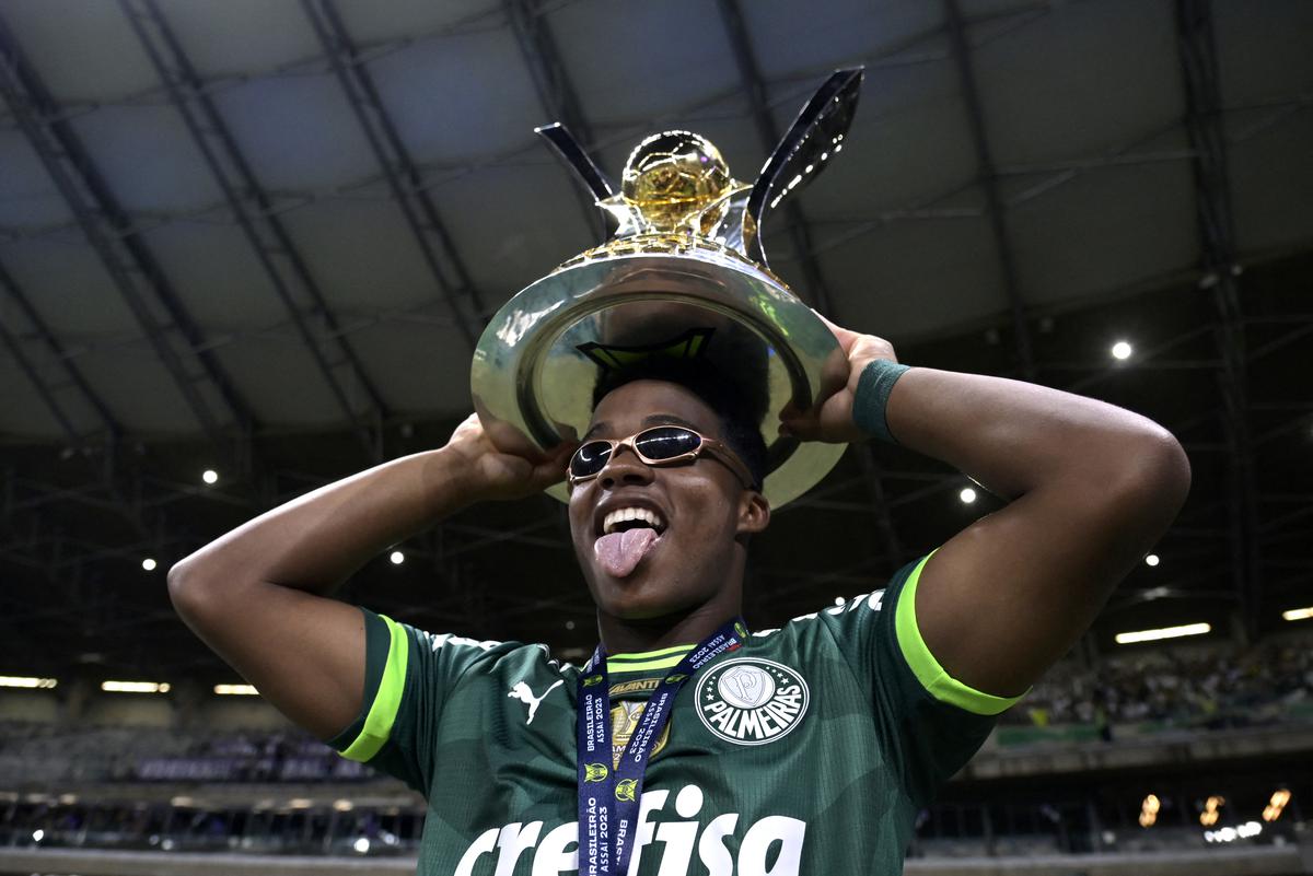 Destined for greatness: Endrick celebrates winning the Brazilian Championship with Palmeiras, beating Cruzeiro at Minerao stadium in Belo Horizonte, Brazil.